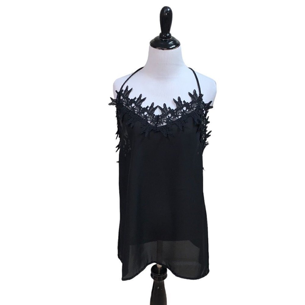 The ZigZag Stripe Women's M Medium Camisole Top Lace Applique Floral Black